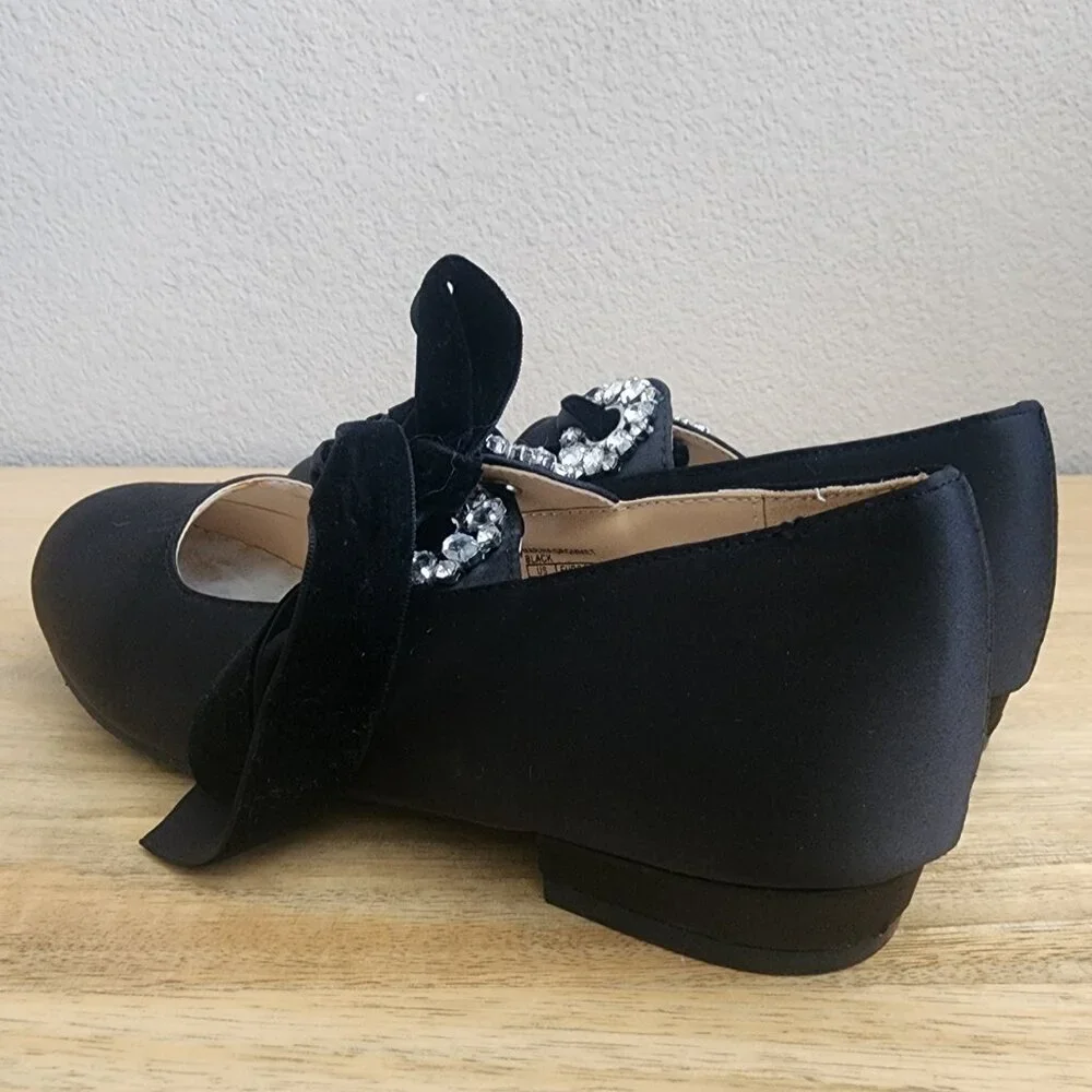 Badgley Mischka Girl Marina Grommet Satin Shoes Rhinestone Floral Black Size 3